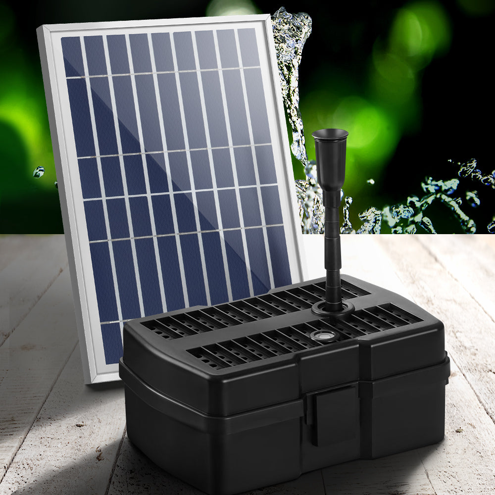 Gardeon Solar Pond Pump with Eco Filter Box, showcasing solar panel, water pump, and fountain spray in a garden setting.