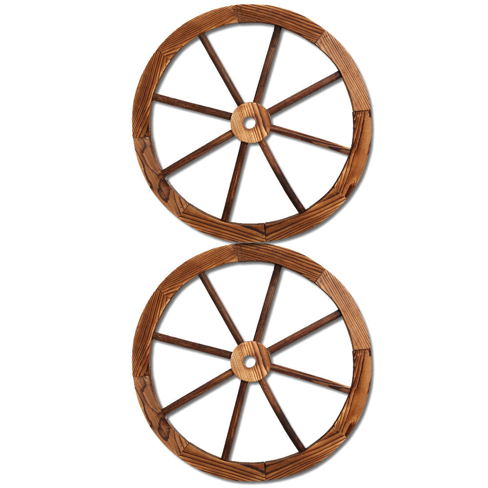 Gardeon Wooden Wagon Wheel X2, rustic fir wood wheels with a burnt finish, ideal for home and garden decor.