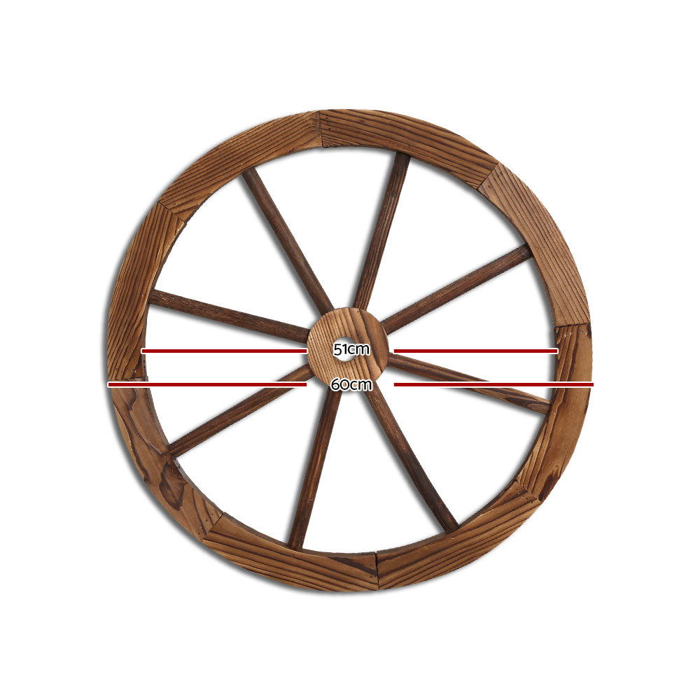 Gardeon Wooden Wagon Wheel X2, rustic fir wood wheels with a burnt finish, ideal for home and garden decor.