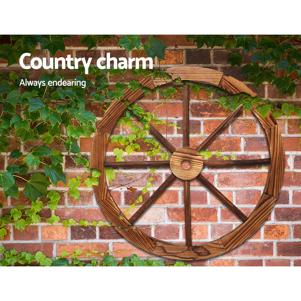 Gardeon Wooden Wagon Wheel X2, rustic fir wood wheels with a burnt finish, ideal for home and garden decor.