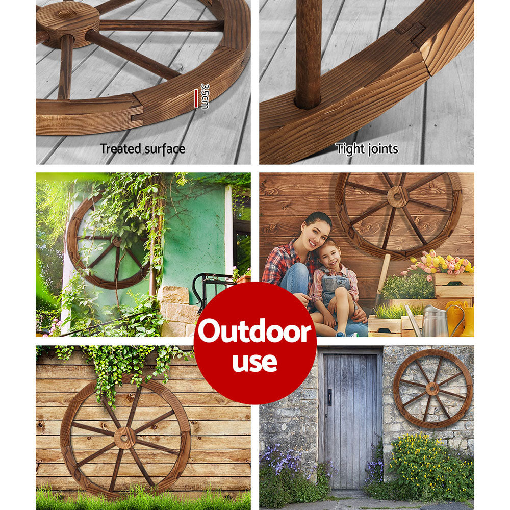 Gardeon Wooden Wagon Wheel X2, rustic fir wood wheels with a burnt finish, ideal for home and garden decor.
