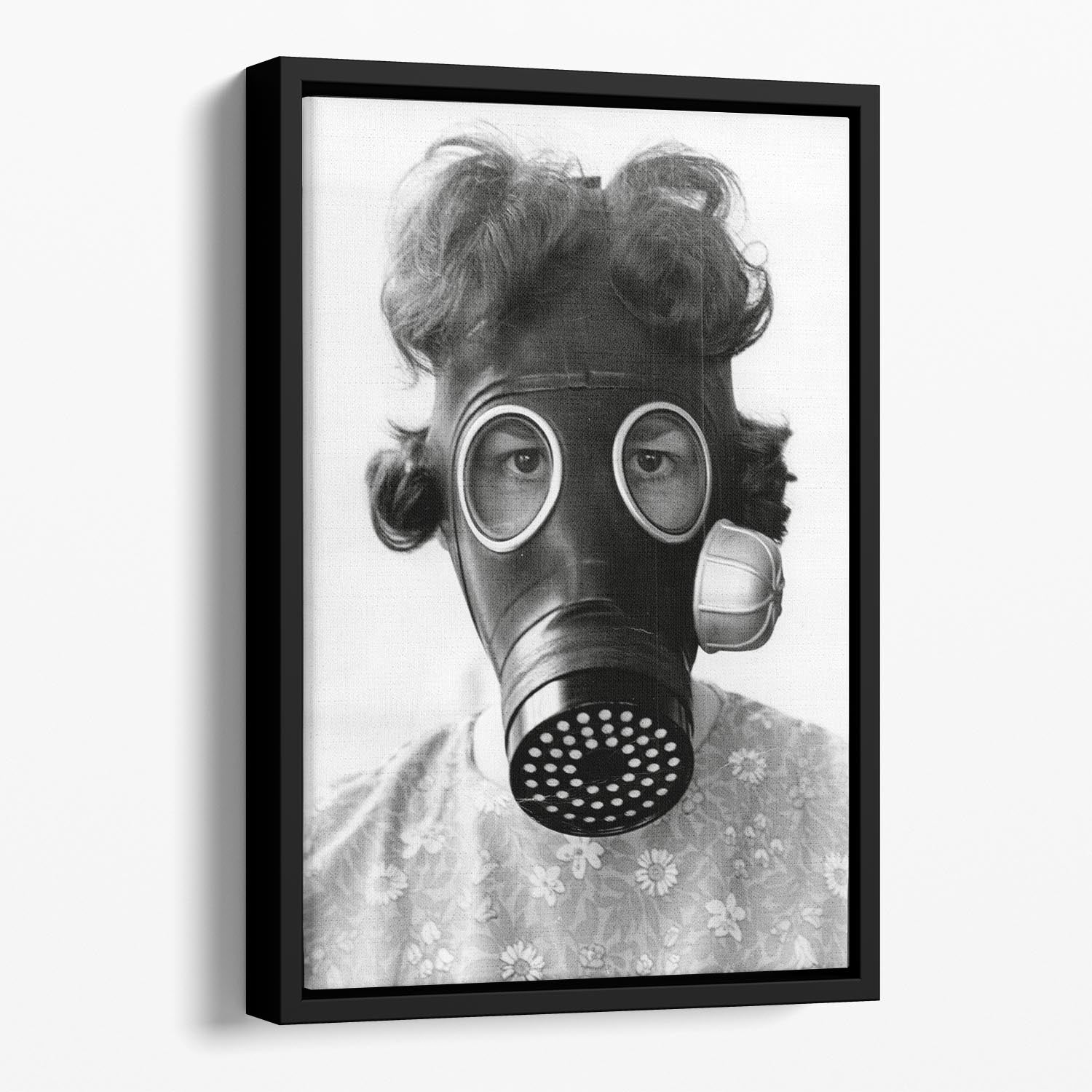 Gas Mask Floating Framed Canvas featuring vibrant abstract design in a sleek wooden frame.