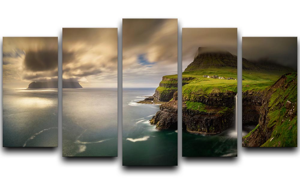 Gasadalur A Mykines 5 Split Panel Canvas artwork showcasing a stunning landscape divided into five panels.