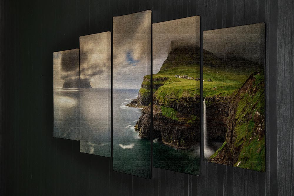 Gasadalur A Mykines 5 Split Panel Canvas artwork showcasing a stunning landscape divided into five panels.