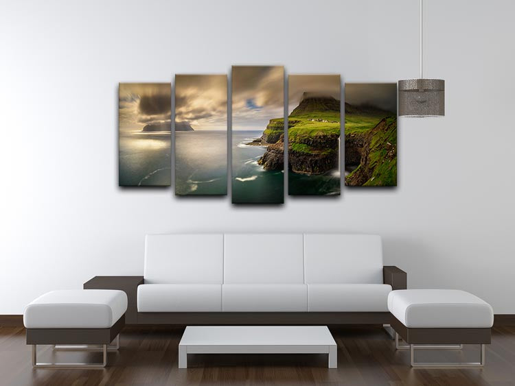 Gasadalur A Mykines 5 Split Panel Canvas artwork showcasing a stunning landscape divided into five panels.