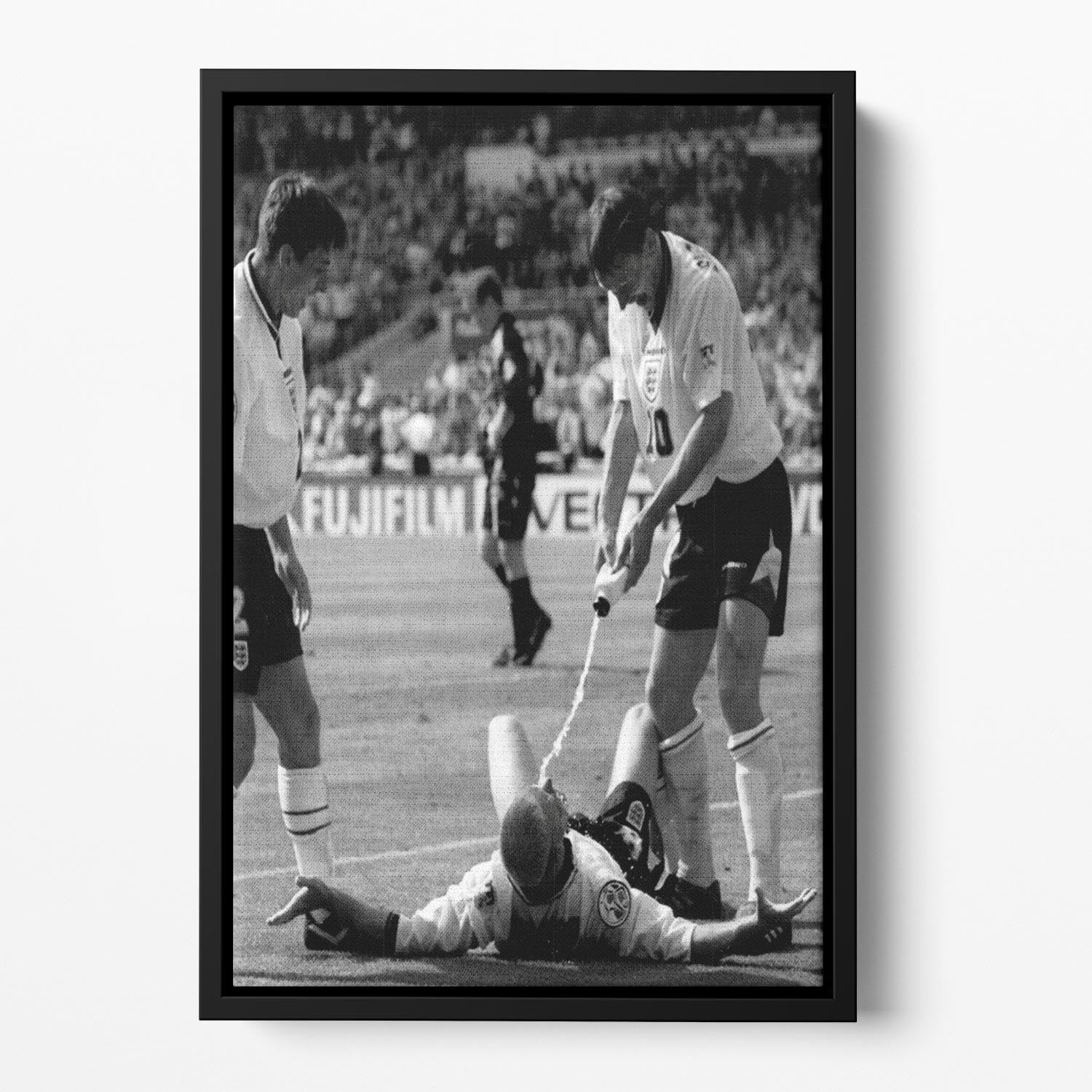 Floating framed canvas featuring Gazza celebrating Euro 96 qualifiers, vibrant colors and dynamic design.