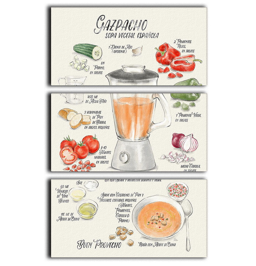 A stunning 3-panel canvas print featuring an illustrated Gazpacho recipe in Spanish, showcasing vibrant colors and intricate details.