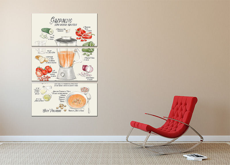 A stunning 3-panel canvas print featuring an illustrated Gazpacho recipe in Spanish, showcasing vibrant colors and intricate details.