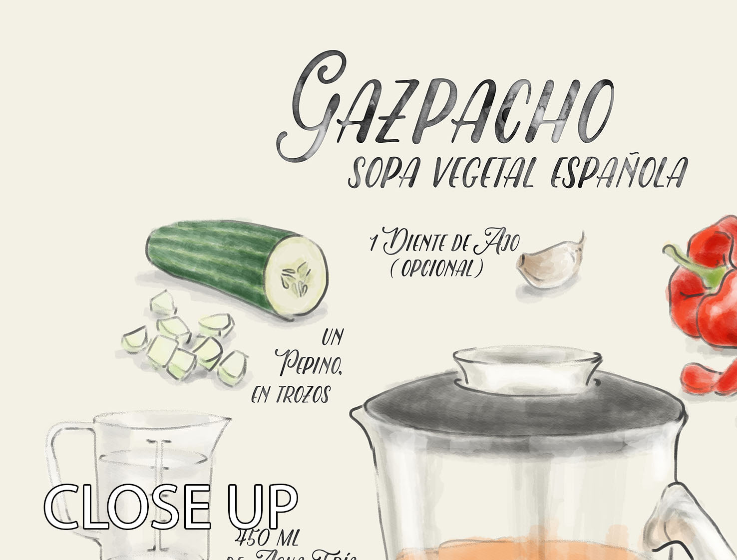 A stunning 3-panel canvas print featuring an illustrated Gazpacho recipe in Spanish, showcasing vibrant colors and intricate details.