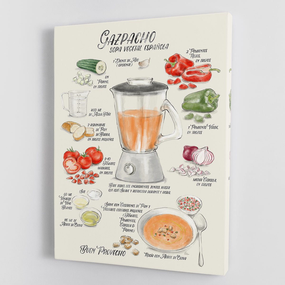 A vibrant canvas print of a Gazpacho recipe illustration, showcasing fresh ingredients and a colorful design, perfect for kitchen decor.