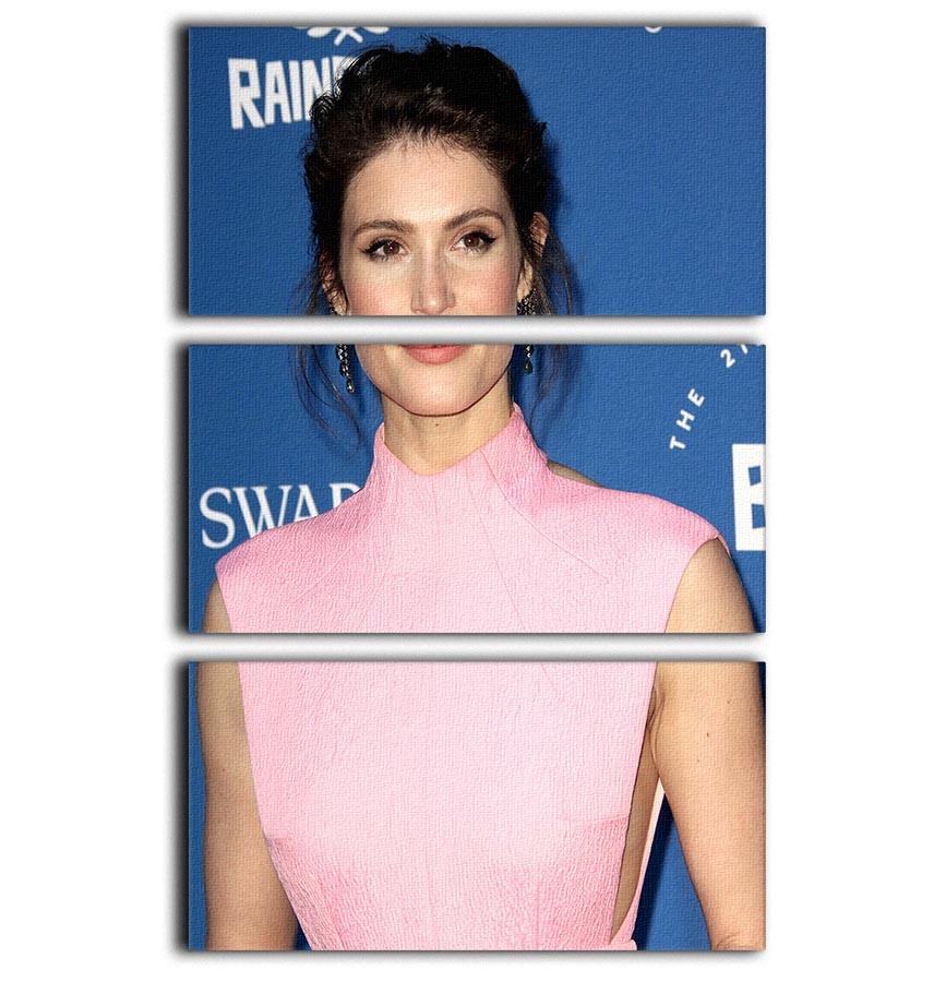Gemma Arterton in pink 3-panel canvas print showcasing elegant design and vibrant colors.
