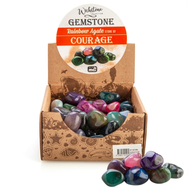 A collection of beautifully tumbled rainbow agate stones showcasing vibrant colors and unique patterns.