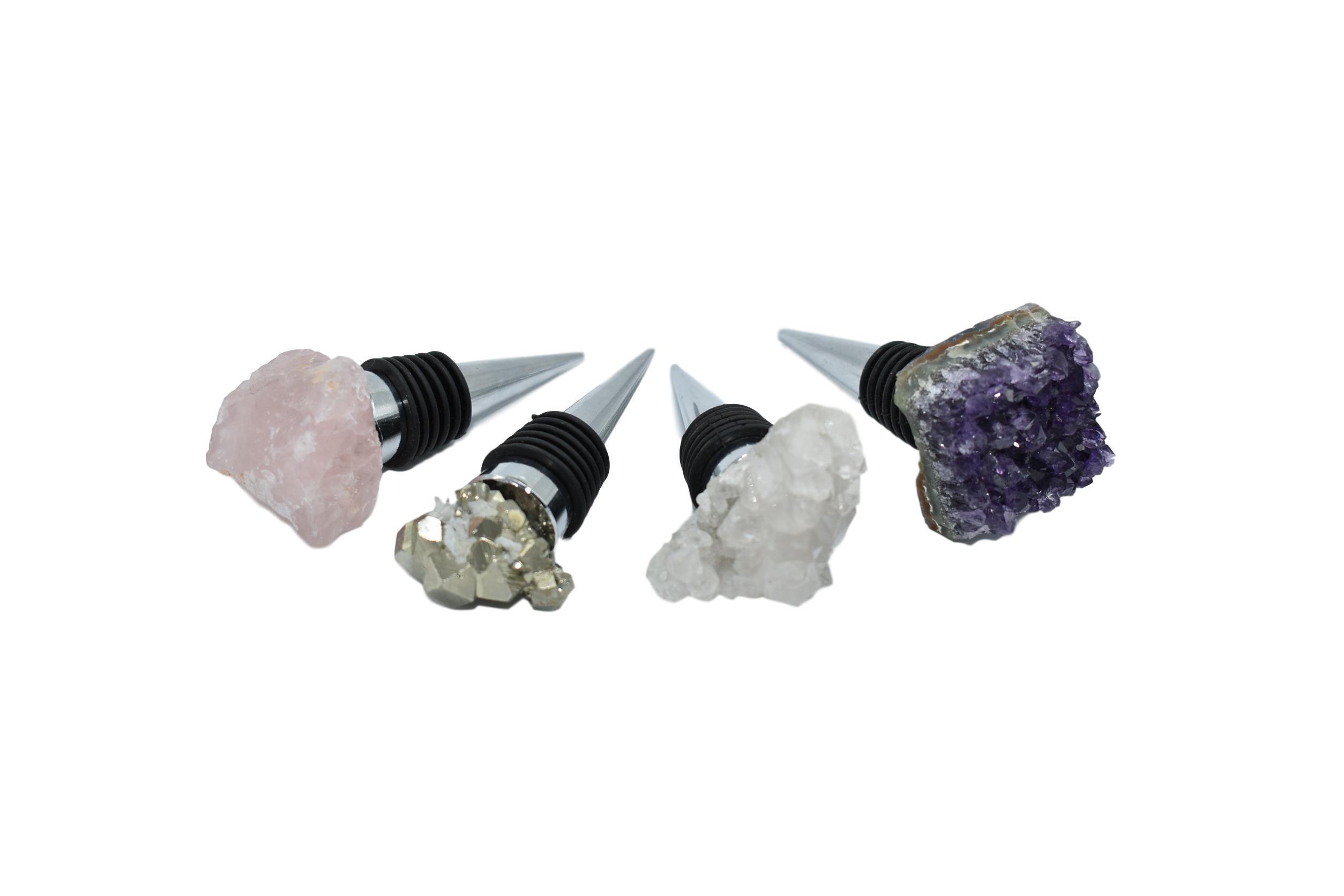 Elegant gemstone wine stoppers with stainless steel base and silicone seal, featuring rose quartz, white quartz, amethyst, and pyrite options.