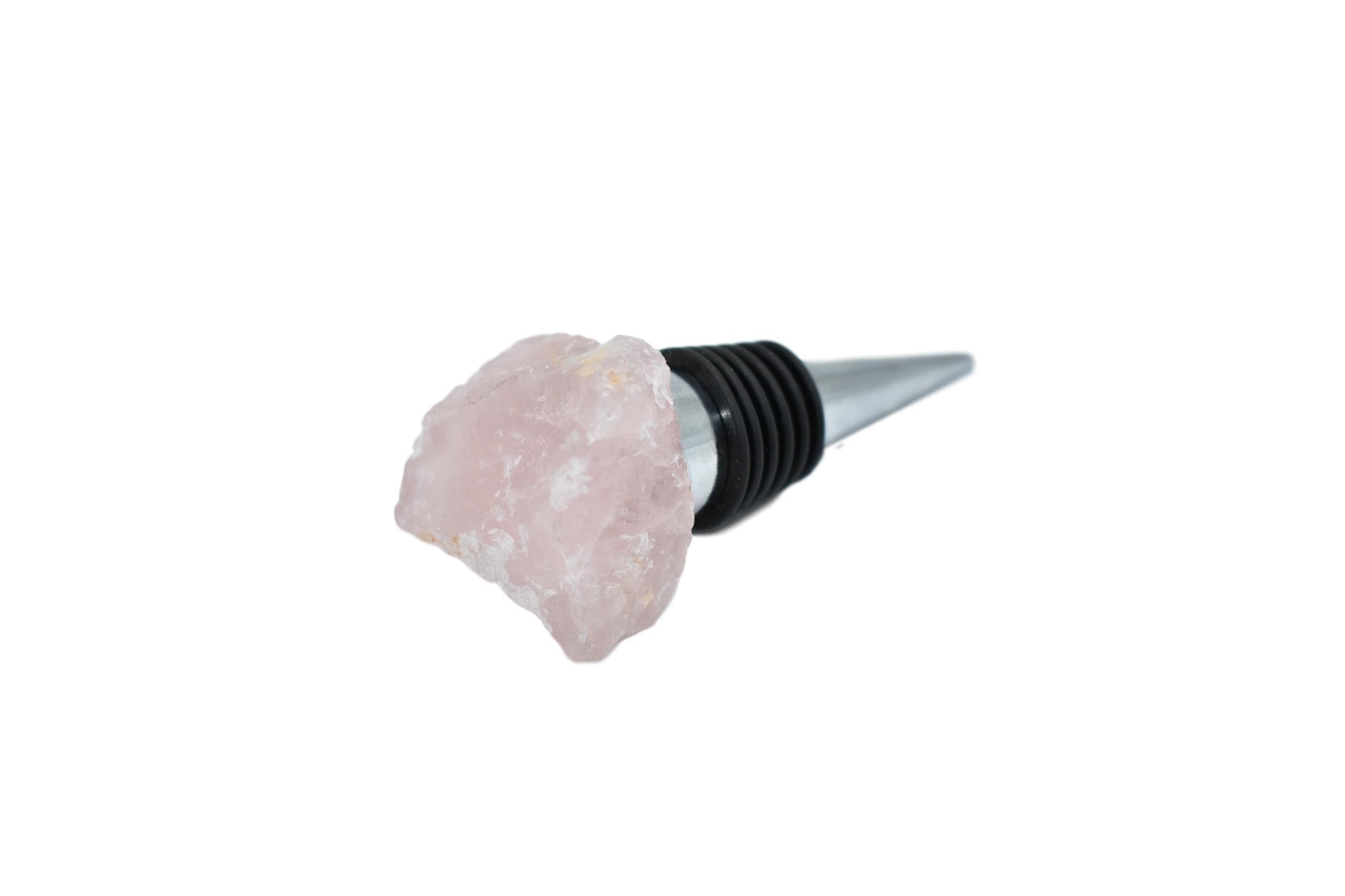 Elegant gemstone wine stoppers with stainless steel base and silicone seal, featuring rose quartz, white quartz, amethyst, and pyrite options.