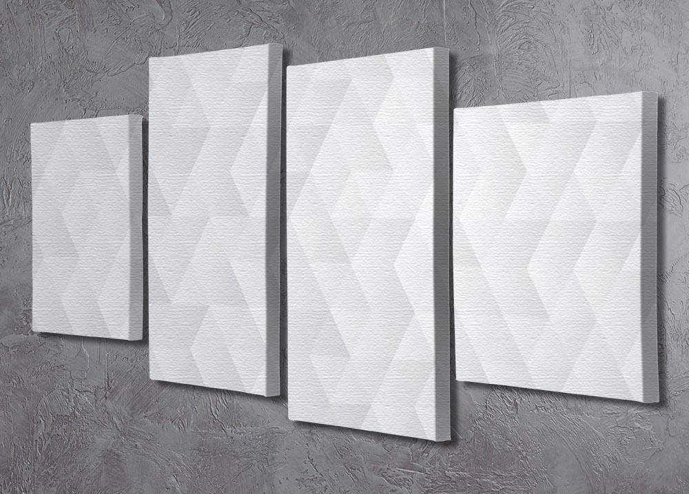 Geometric style abstract grey 4 split panel canvas artwork displayed on a wall, showcasing modern design and dynamic arrangement.