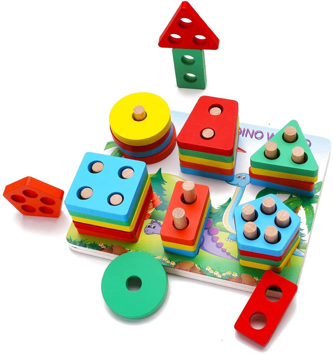 Geometric Wooden Shape Sorter with colorful blocks for preschool children, designed for educational play and skill development.