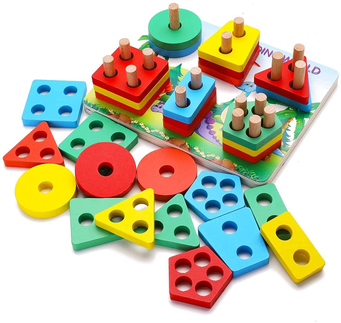 Geometric Wooden Shape Sorter with colorful blocks for preschool children, designed for educational play and skill development.