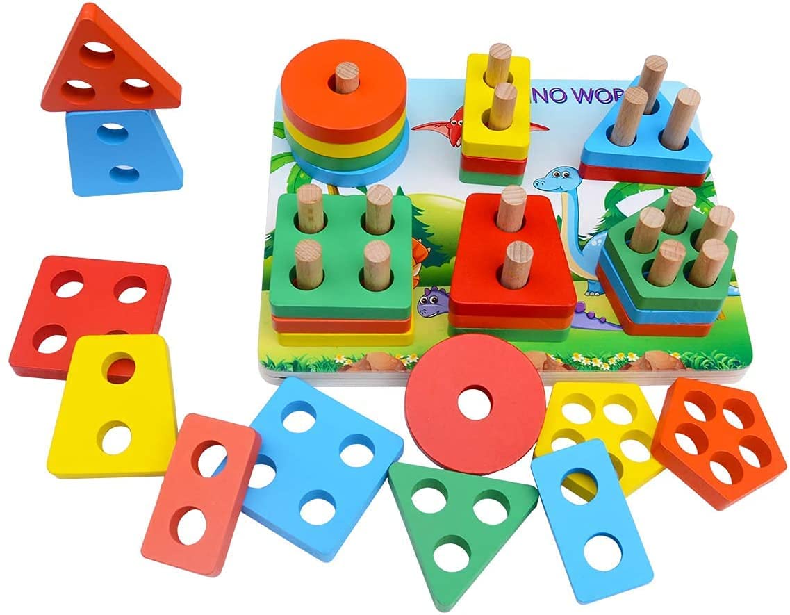 Geometric Wooden Shape Sorter with colorful blocks for preschool children, designed for educational play and skill development.