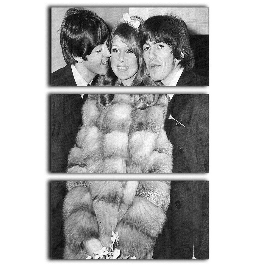 Three-panel canvas art depicting George Harrison and Pattie Boyd's wedding with Paul McCartney, showcasing vibrant colors and intricate details.