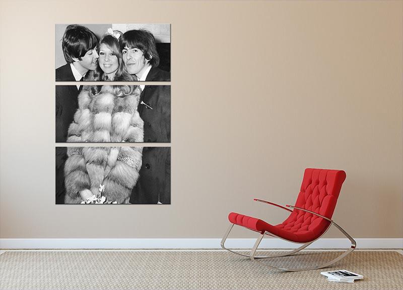 Three-panel canvas art depicting George Harrison and Pattie Boyd's wedding with Paul McCartney, showcasing vibrant colors and intricate details.