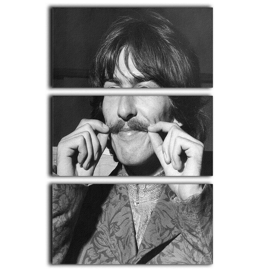 Three-panel canvas print featuring George Harrison with a moustache, showcasing vibrant colors and artistic design.