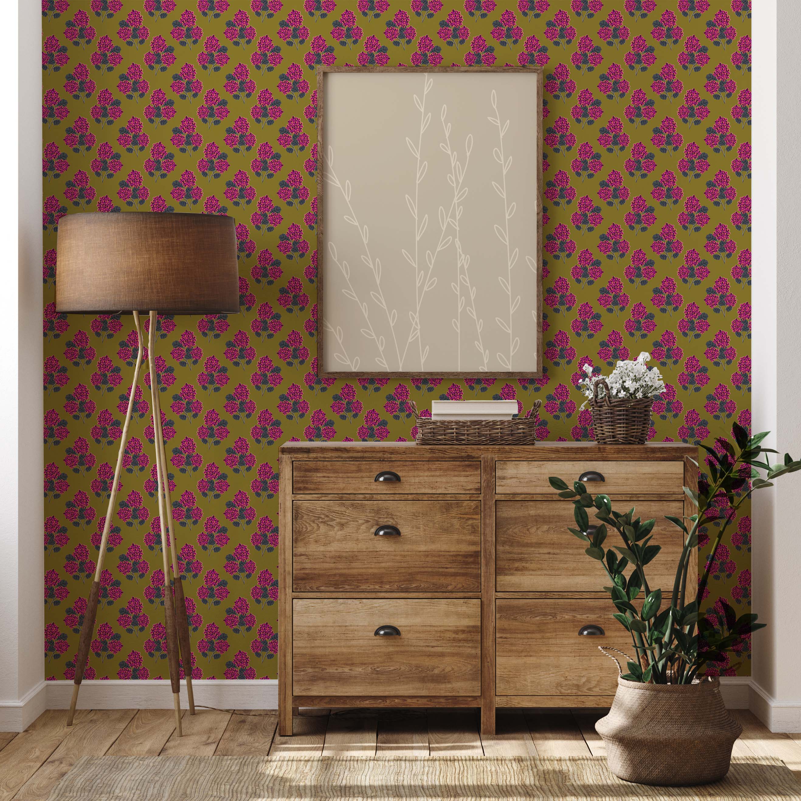 Geranium Bouquet (Olive) Wallpaper featuring vibrant floral patterns in olive tones, perfect for modern home decor.