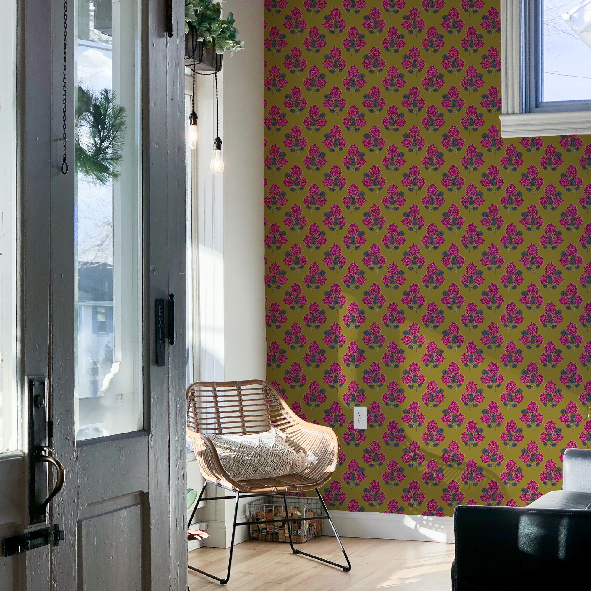 Geranium Bouquet (Olive) Wallpaper featuring vibrant floral patterns in olive tones, perfect for modern home decor.