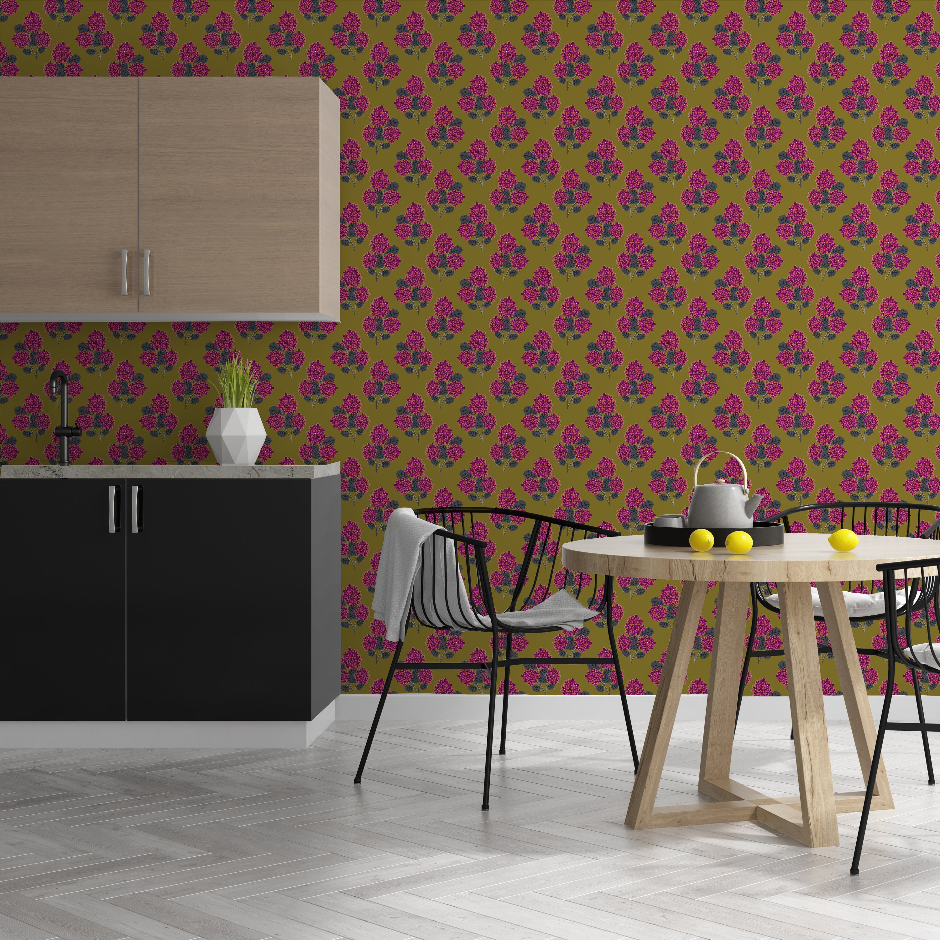 Geranium Bouquet (Olive) Wallpaper featuring vibrant floral patterns in olive tones, perfect for modern home decor.