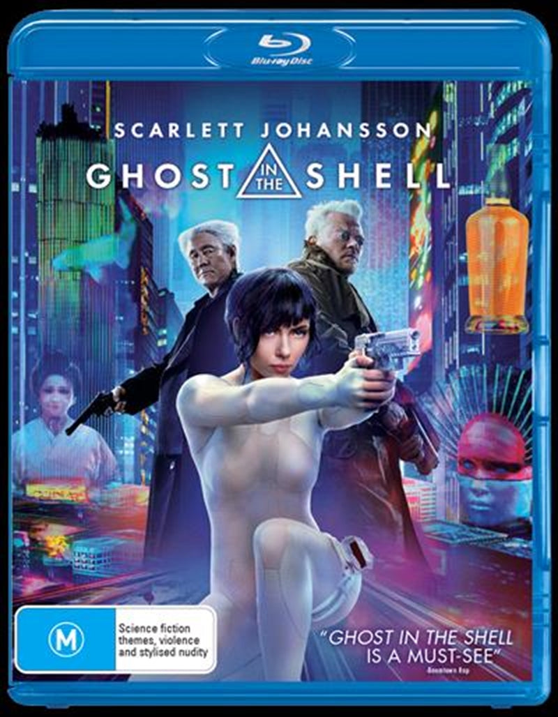 Ghost In The Shell Blu-ray cover featuring Motoko Kusanagi in a futuristic setting.