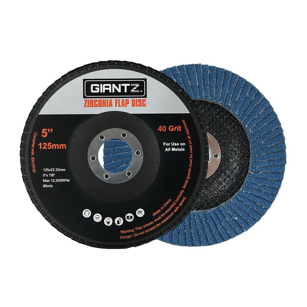 Giantz 10 PCS Zirconia Sanding Flap Discs, 5 inches, 40 grit, suitable for angle grinders, showcasing durable zirconium oxide material.