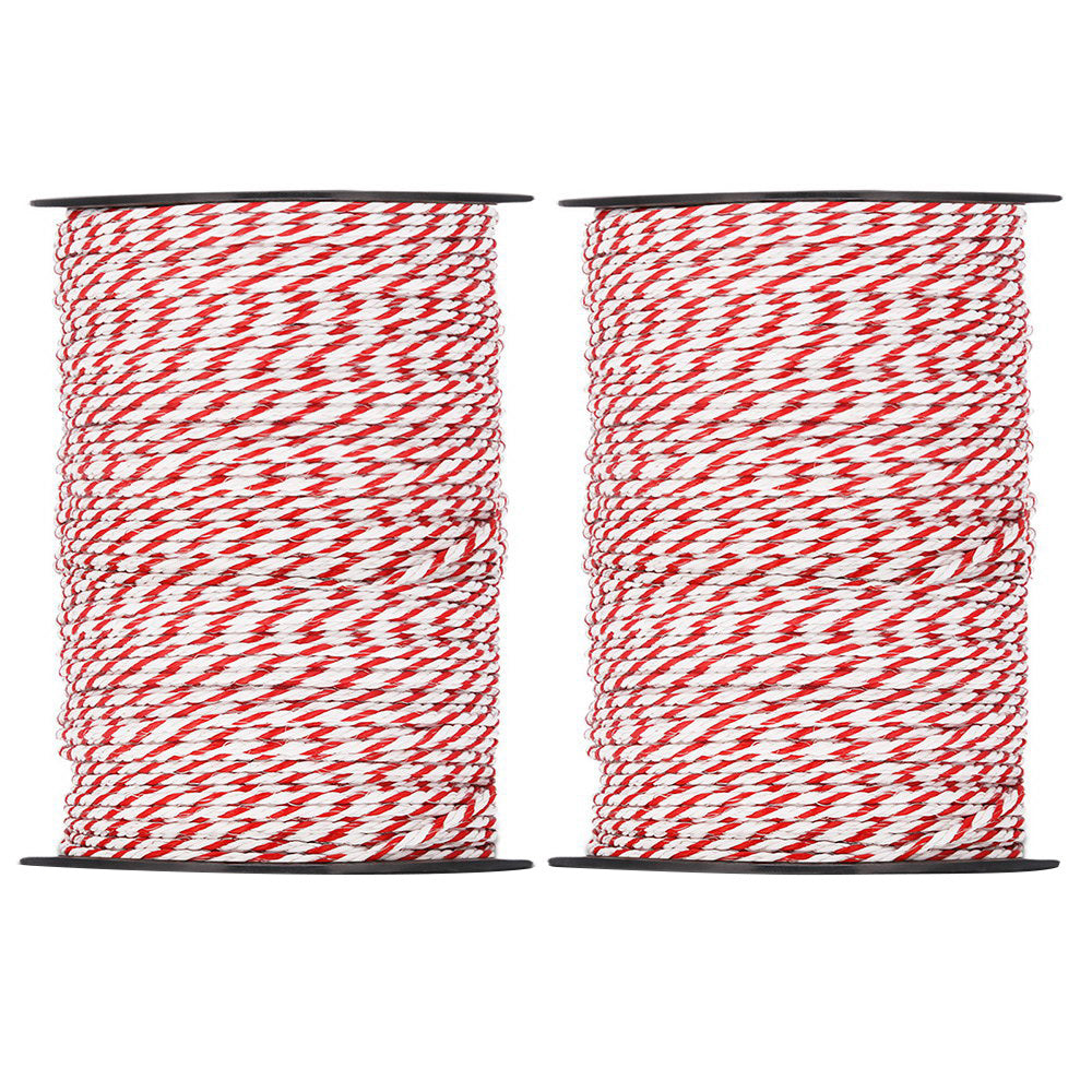 Giantz 1000M Electric Fence Wire Tape in red and white, showcasing its durable polyrope design with stainless steel strands.