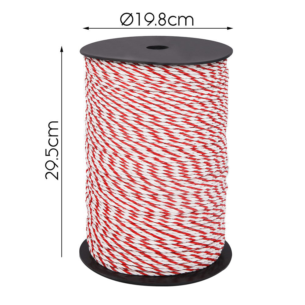Giantz 1000M Electric Fence Wire Tape in red and white, showcasing its durable polyrope design with stainless steel strands.