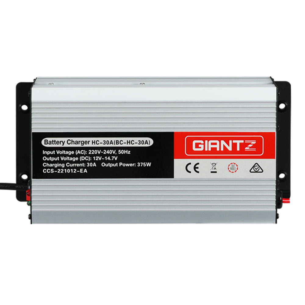 Giantz 12V 30A Car Battery Charger with battery clips and cable, designed for efficient charging of vehicles and boats.