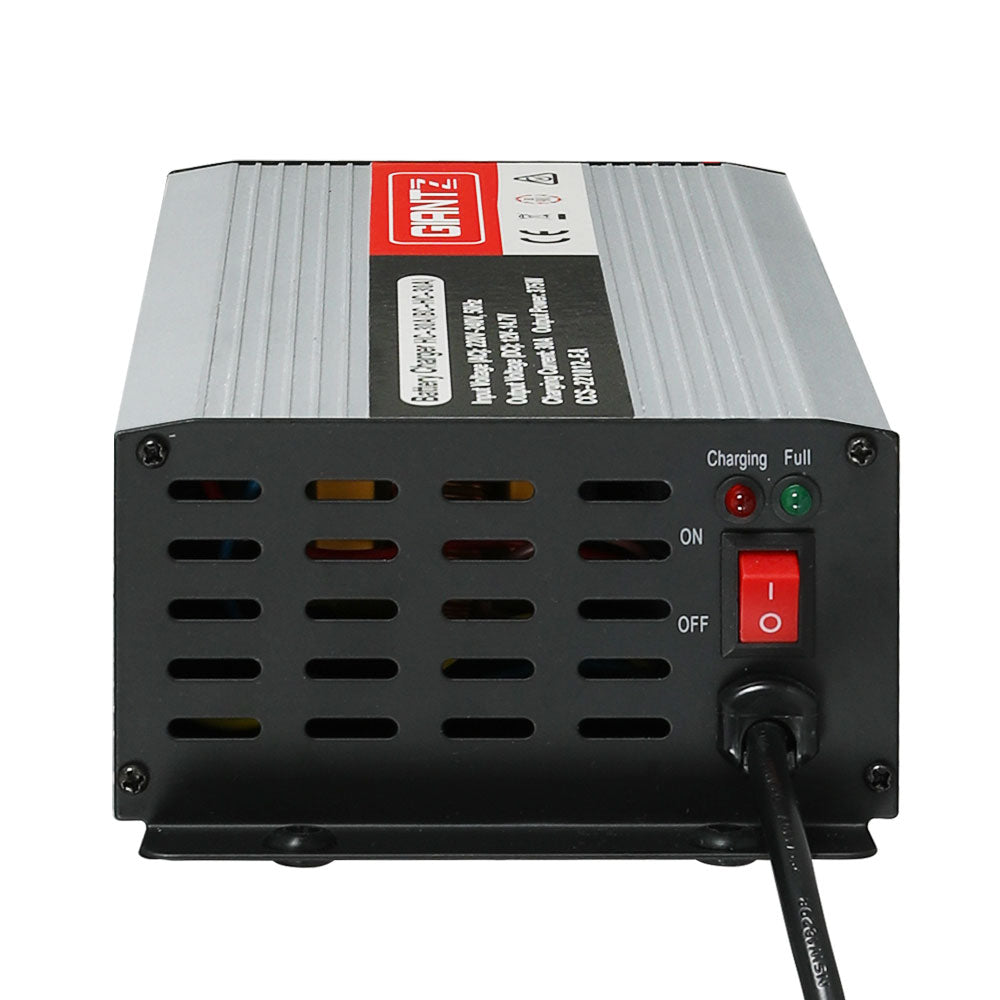 Giantz 12V 30A Car Battery Charger with battery clips and cable, designed for efficient charging of vehicles and boats.