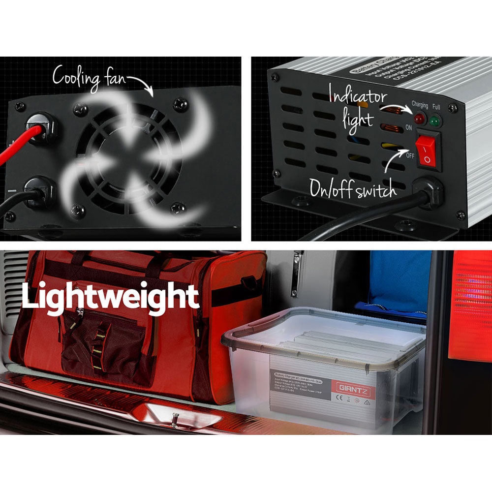 Giantz 12V 30A Car Battery Charger with battery clips and cable, designed for efficient charging of vehicles and boats.