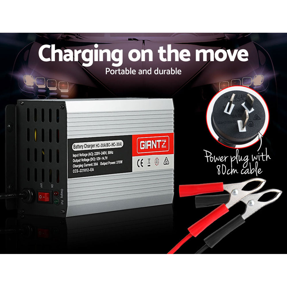Giantz 12V 30A Car Battery Charger with battery clips and cable, designed for efficient charging of vehicles and boats.