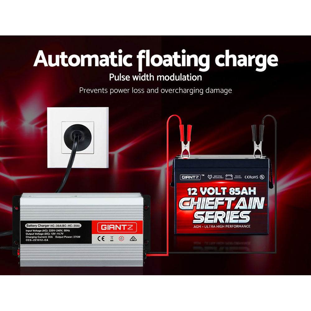 Giantz 12V 30A Car Battery Charger with battery clips and cable, designed for efficient charging of vehicles and boats.
