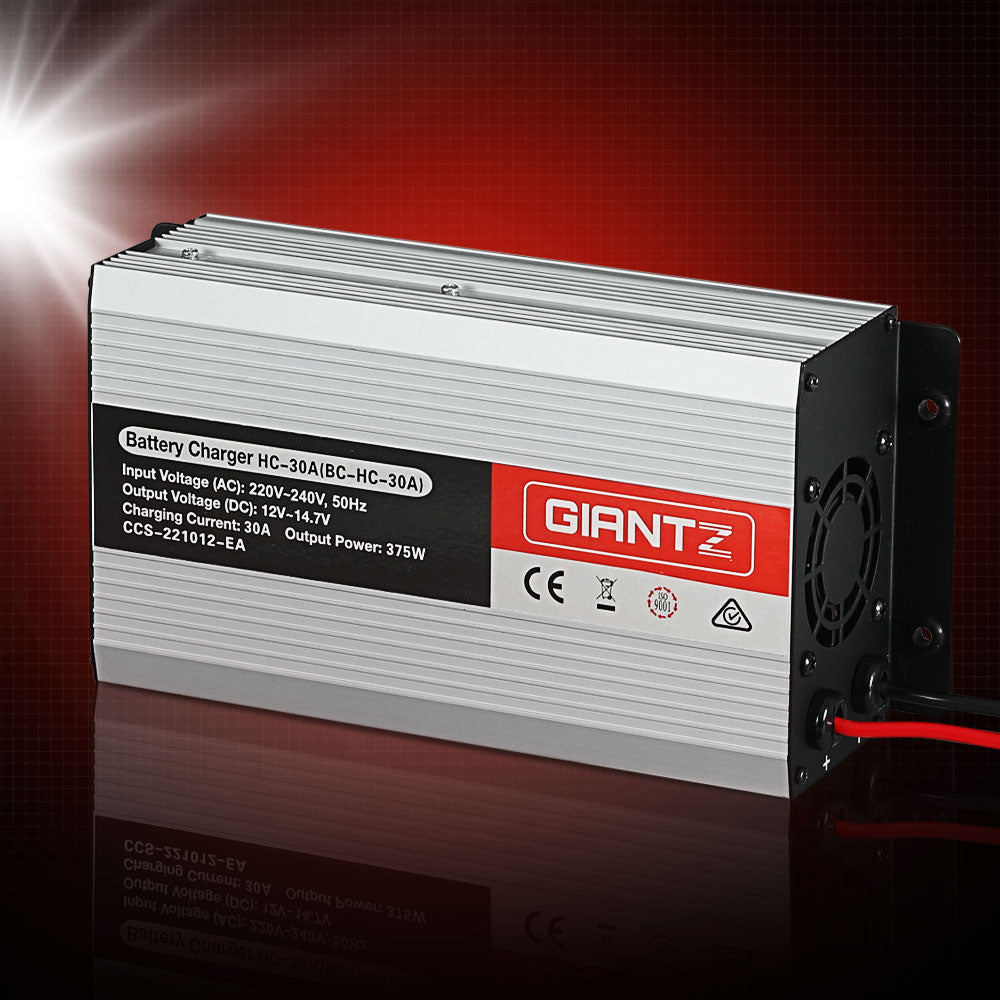 Giantz 12V 30A Car Battery Charger with battery clips and cable, designed for efficient charging of vehicles and boats.