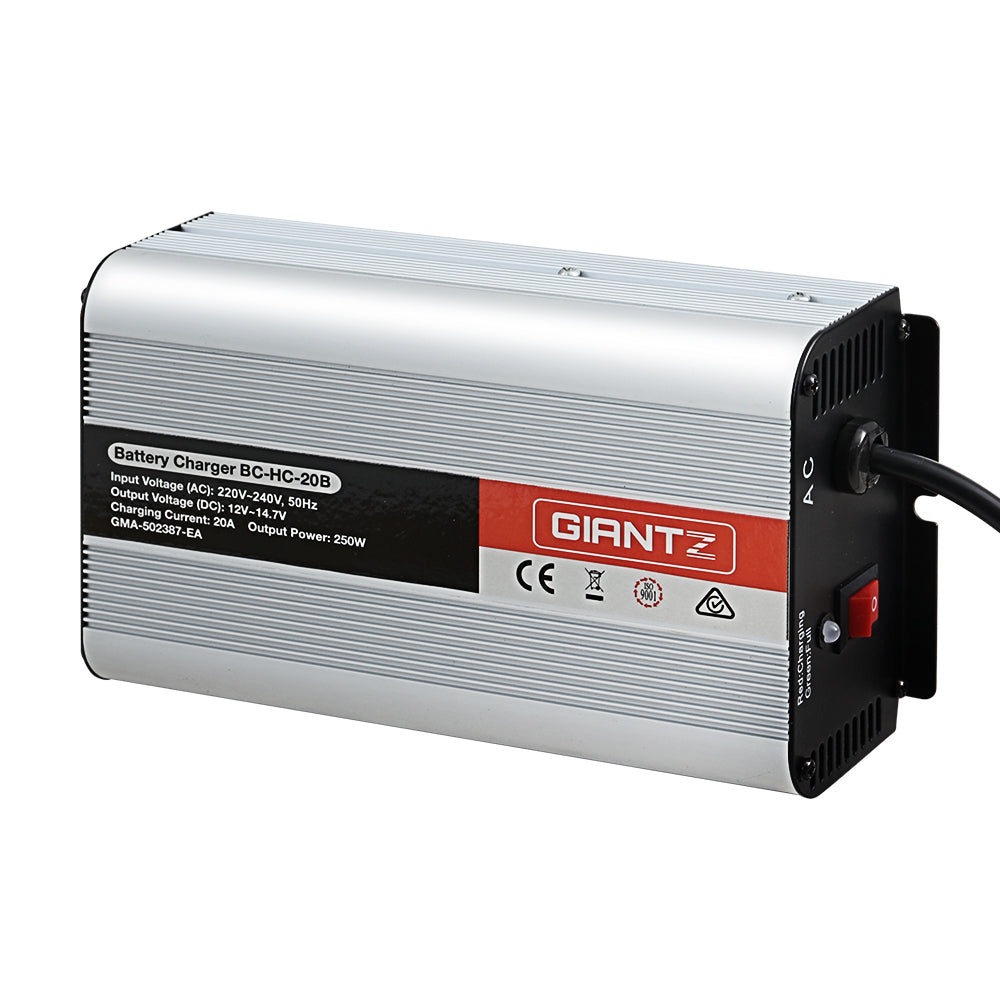 Giantz 12V Car Battery Charger Inverter with 20 Amp capacity, designed for ATVs, 4WDs, boats, and caravans, featuring safety and performance features.