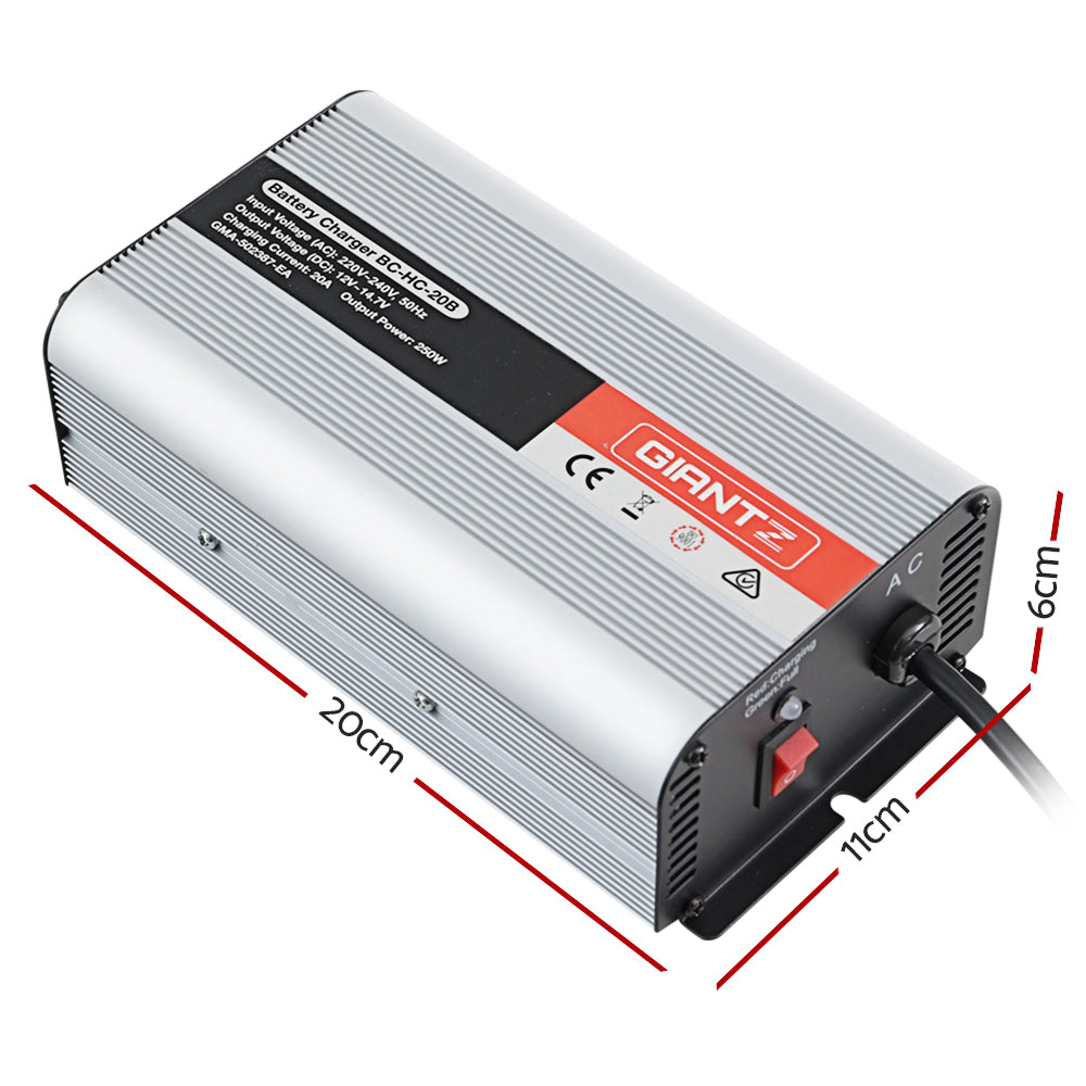 Giantz 12V Car Battery Charger Inverter with 20 Amp capacity, designed for ATVs, 4WDs, boats, and caravans, featuring safety and performance features.