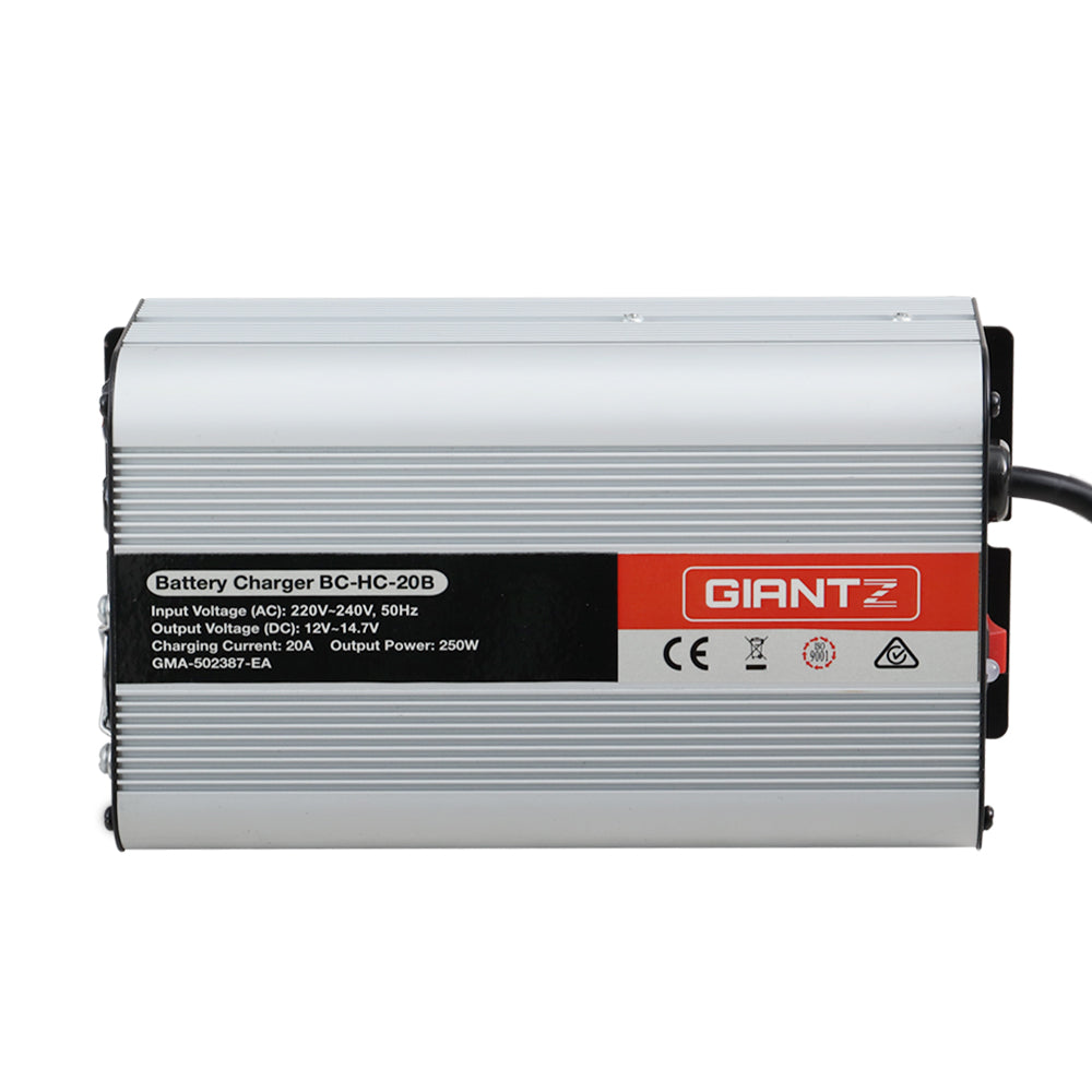 Giantz 12V Car Battery Charger Inverter with 20 Amp capacity, designed for ATVs, 4WDs, boats, and caravans, featuring safety and performance features.