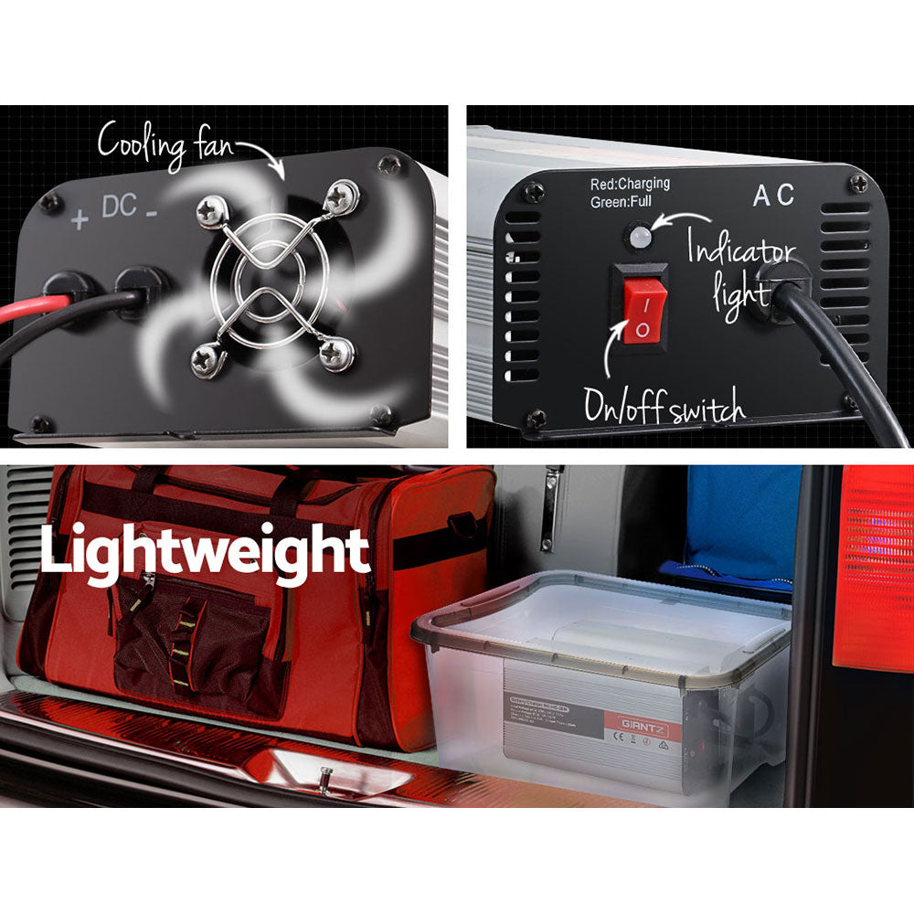 Giantz 12V Car Battery Charger Inverter with 20 Amp capacity, designed for ATVs, 4WDs, boats, and caravans, featuring safety and performance features.