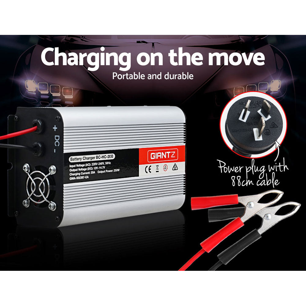 Giantz 12V Car Battery Charger Inverter with 20 Amp capacity, designed for ATVs, 4WDs, boats, and caravans, featuring safety and performance features.