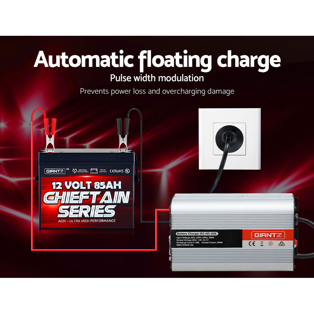 Giantz 12V Car Battery Charger Inverter with 20 Amp capacity, designed for ATVs, 4WDs, boats, and caravans, featuring safety and performance features.