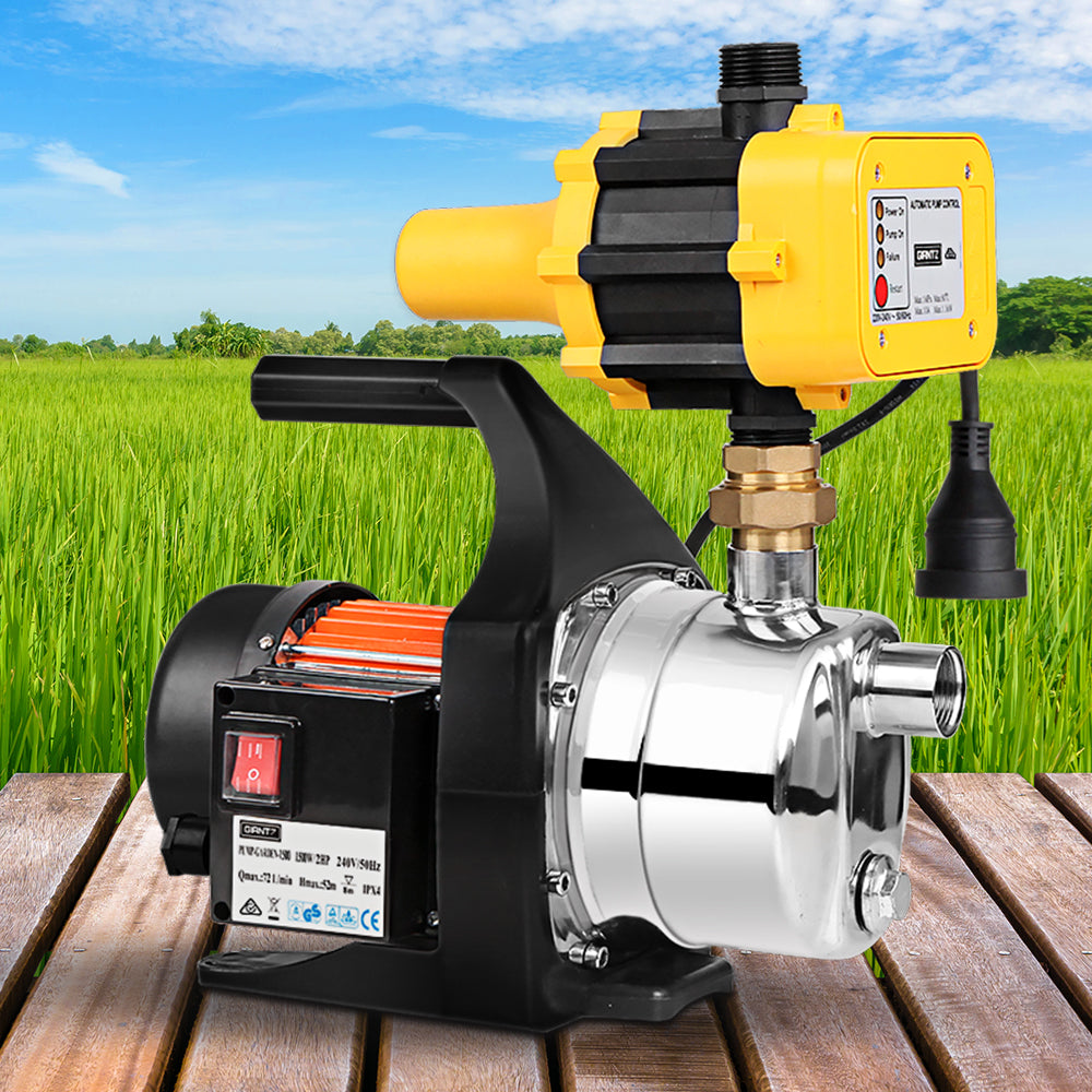 Giantz 1500W High Pressure Garden Water Pump with Automatic Pressure Controller, featuring a stainless steel body and robust design.