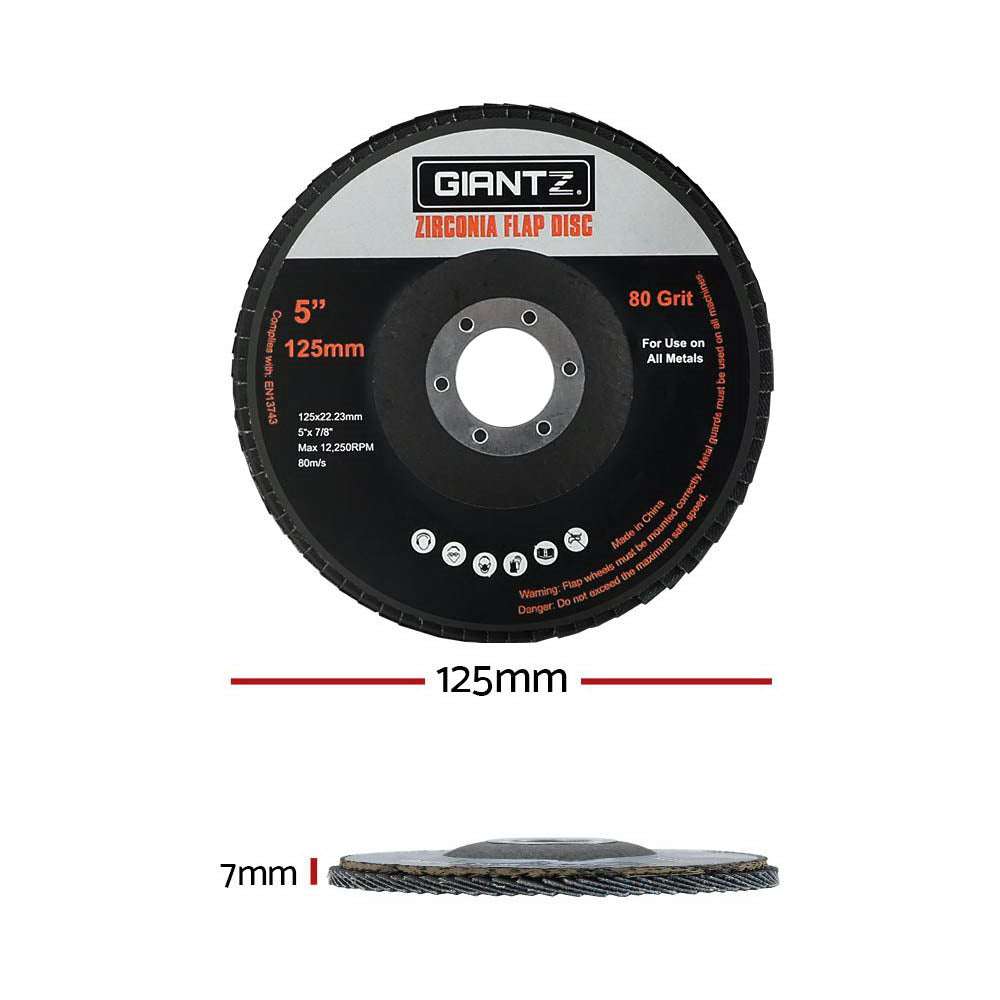 Giantz 20 PCS Zirconia Sanding Flap Discs, 5 inches, 80 grit, designed for angle grinders, featuring a stainless steel centre ring and fibre net backing.