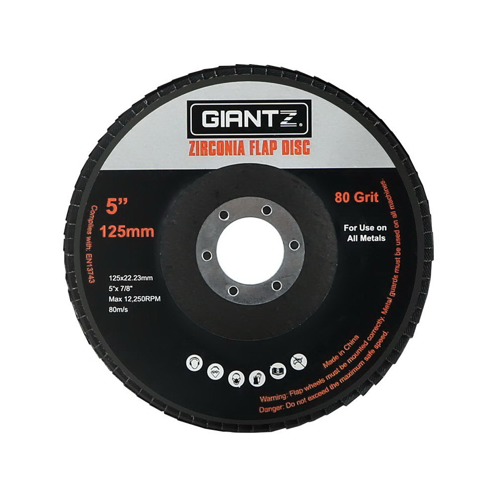 Giantz 20 PCS Zirconia Sanding Flap Discs, 5 inches, 80 grit, designed for angle grinders, featuring a stainless steel centre ring and fibre net backing.