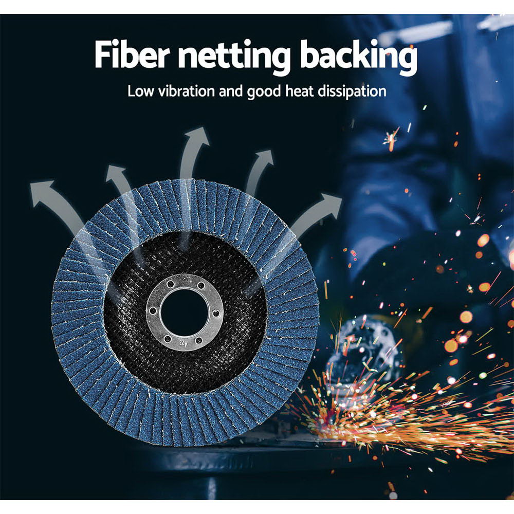 Giantz 20 PCS Zirconia Sanding Flap Discs, 5 inches, 80 grit, designed for angle grinders, featuring a stainless steel centre ring and fibre net backing.