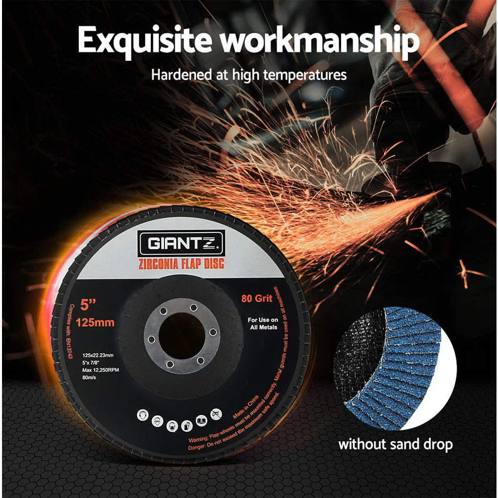 Giantz 20 PCS Zirconia Sanding Flap Discs, 5 inches, 80 grit, designed for angle grinders, featuring a stainless steel centre ring and fibre net backing.