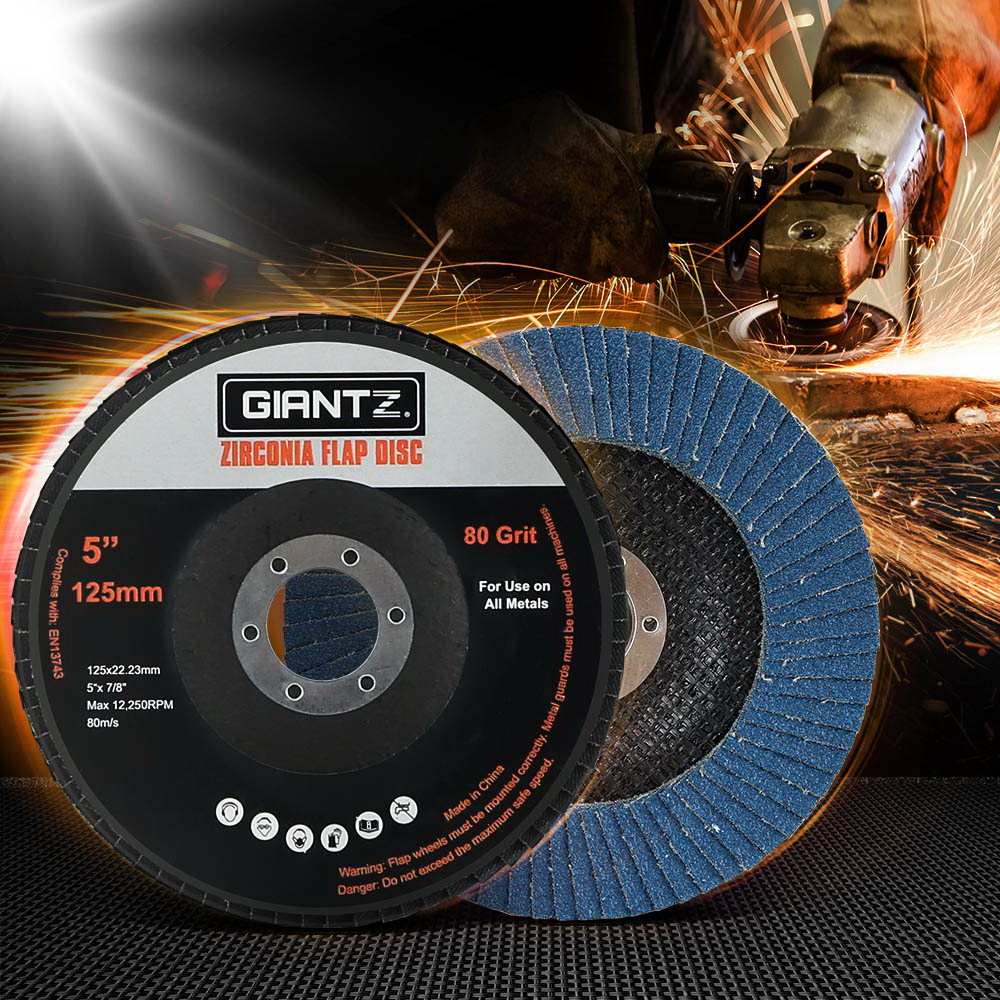 Giantz 20 PCS Zirconia Sanding Flap Discs, 5 inches, 80 grit, designed for angle grinders, featuring a stainless steel centre ring and fibre net backing.